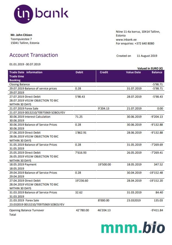 Estonia Inbank wyciąg bankowy łatwy do wypełnienia szablon w formacie Excel i PDF